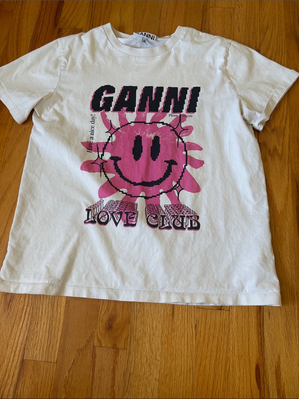 Ganni White Tee with Hot Pink Smiley Sun Graphic
